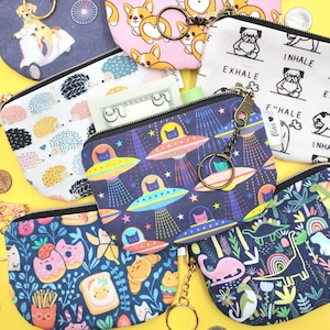 Small Zip Pouch with Cute Animals, Coin Purse with Keychain, Fun Change Purse, Kawaii, Space Cats, Dinosaurs, Corgis, Hedgehogs, Unicorns image 1