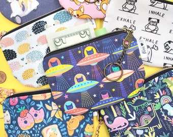 Small Zip Pouch with Cute Animals, Coin Purse with Keychain, Fun Change Purse, Kawaii, Space Cats, Dinosaurs, Corgis, Hedgehogs, Unicorns