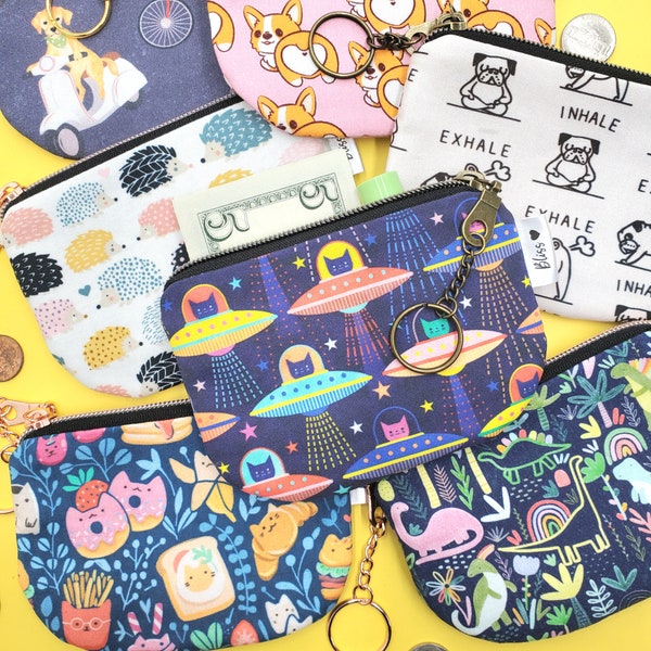 Small Zip Pouch with Cute Animals, Coin Purse with Keychain, Fun Change Purse, Kawaii, Space Cats, Dinosaurs, Corgis, Hedgehogs, Unicorns