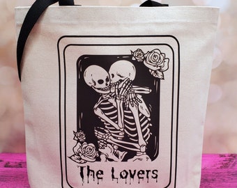 The Lovers Tarot Card Canvas Tote Bag, Skeleton Tote Bag, Valloween Bag, Reusable Shopping Bag, Gift for Tarot Lovers