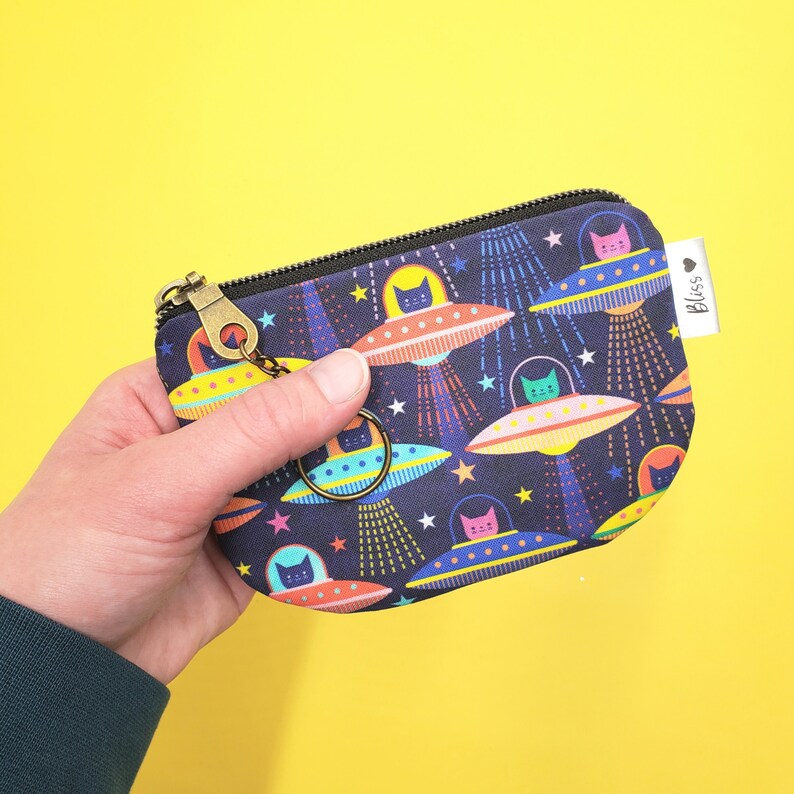 Small Zip Pouch with Cute Animals, Coin Purse with Keychain, Fun Change Purse, Kawaii, Space Cats, Dinosaurs, Corgis, Hedgehogs, Unicorns image 4