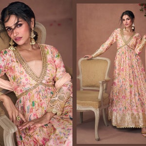 Pink Floral Salwar Kameez Indian Bridesmaids Bridal Wedding Reception Dress For Women, Embroidered Readymade Indian Pakistani Anarkali Suits