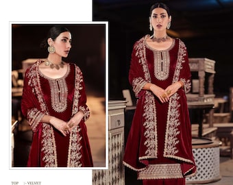 Women's wear Sharara Suit in Beautiful Pure Viscos Velvet, Designer Ready made Embroidery Work Salwar Kameez, Pakistani Stylish Palazzo Set