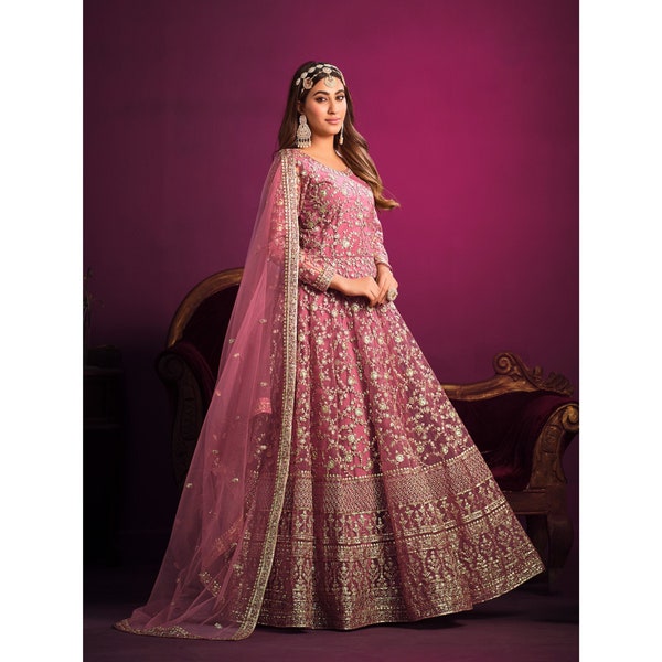 Bruidskleding Anarkali Gown Suits Ready Made Pakistaanse ontwerper borduurwerk werkte zware vloer Touch Anarkali Gown Net Dupatta jurk