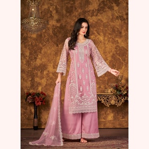 Plus Size Women's Wear Beautiful Salwar Kameez Dupatta Dresses, Embroidery Thread Work Pakistani Ethnic Wear Palazzo Pant Suit, Casual wear