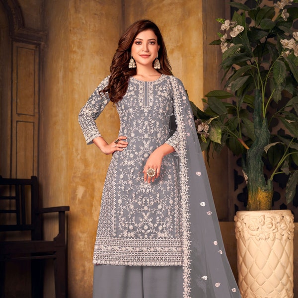 Grey Indian Pakistani Shalwar Kameez for Women Ready Made Sharara Palazzo Suits Embroidered Dress Designer Festive Party Wear Palazzo Dress