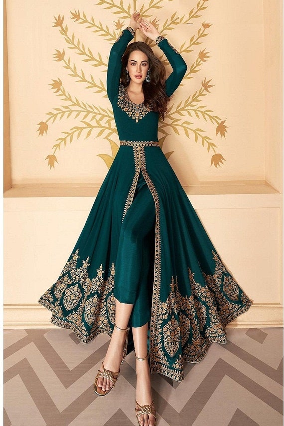 Embroidered Georgette Abaya Style Suit in Teal Green | Indian wedding gowns,  Indian dresses, Abaya fashion