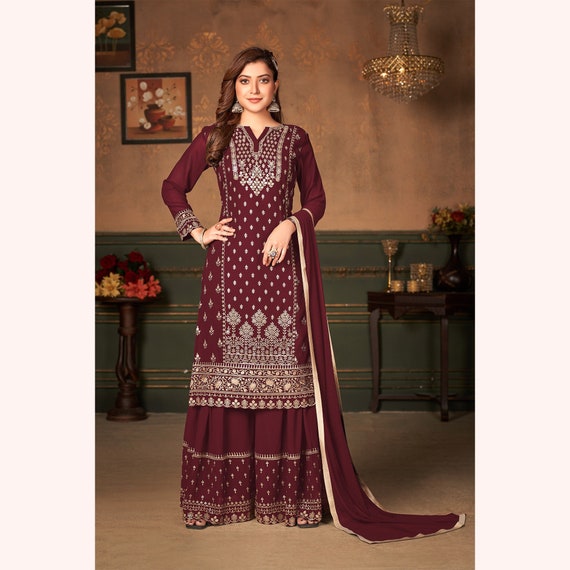 Attractive Maroon Embroidered Georgette Party Wear Palazzo Suit