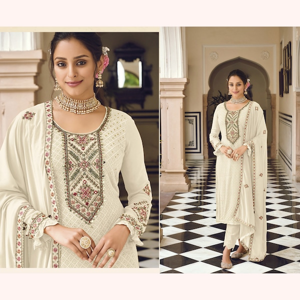 Flawless Off White Color Indian Wear Designer Salwar Kameez Dupatta Dress Ready Made Embroidery Worked Beautiful Straight Trouser Pant Suits