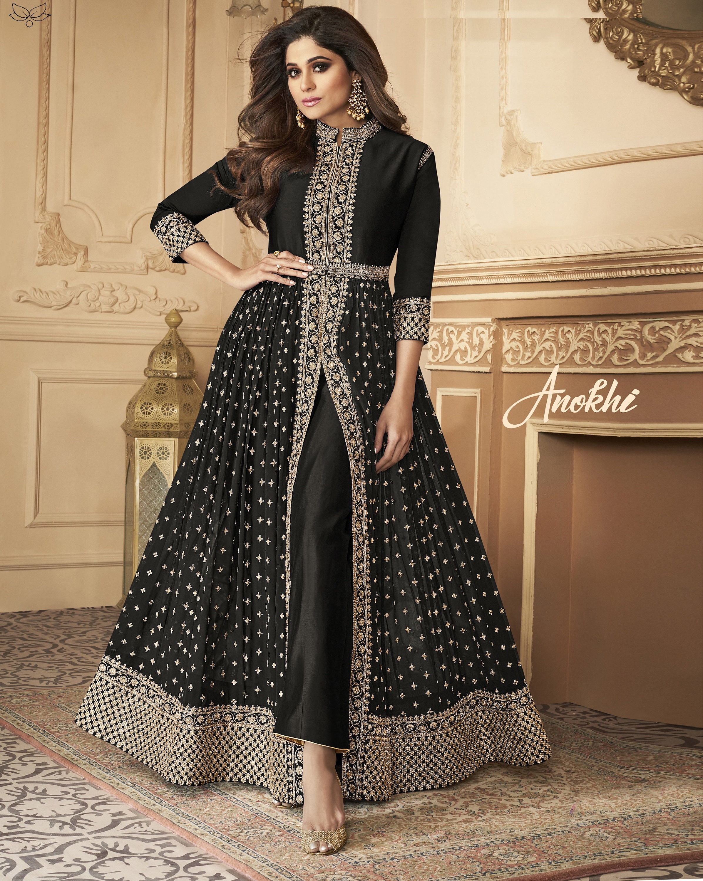 Navy Blue Net Semi Stitched Designer Gown Style Suit Online FABANZA