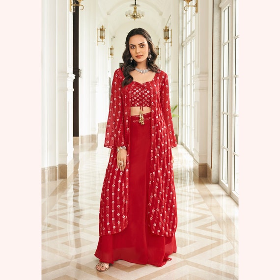 Designer Red Crop top with sharara and Shrug