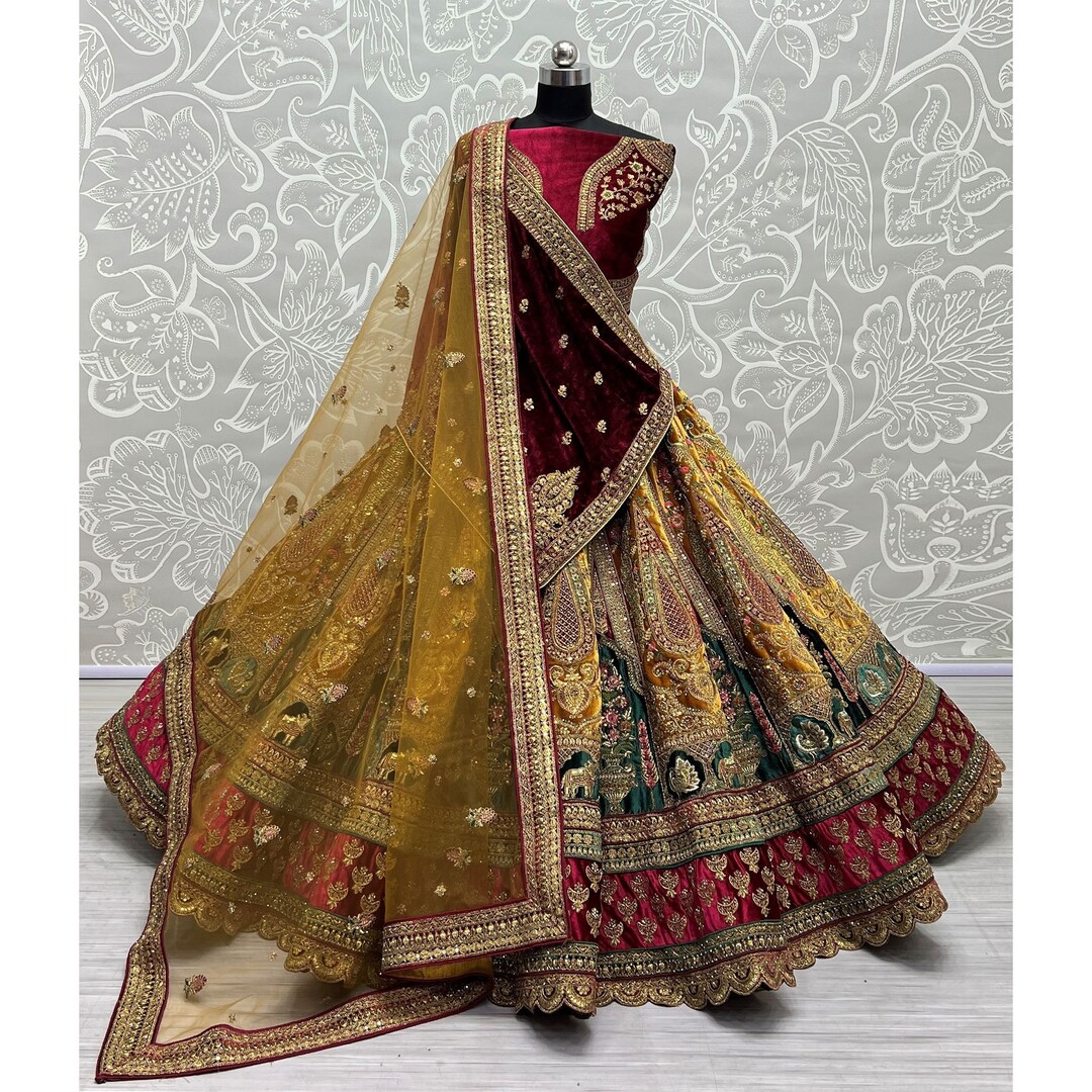 bridal lehenga with velvet shawl
