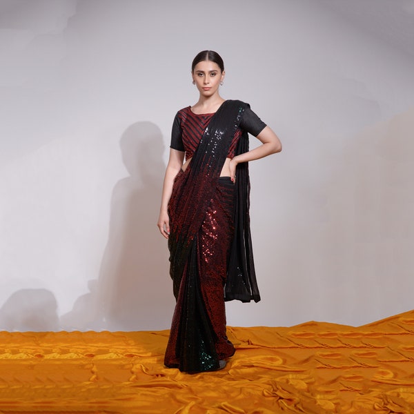 Black and Red Georgette Sequence Work Saree, Saree For USA Women, Designer Saree, Party Wear Saree, Wedding Wear Saree, Black Saree, Saree