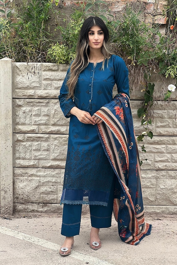 Latest New Arrival of Gorgeous Pakistani Salwar Kameez in Cotton With Cut  Work for Casual Party Wear Dress, Blue Color Trouser Pant Suits -  Hong  Kong