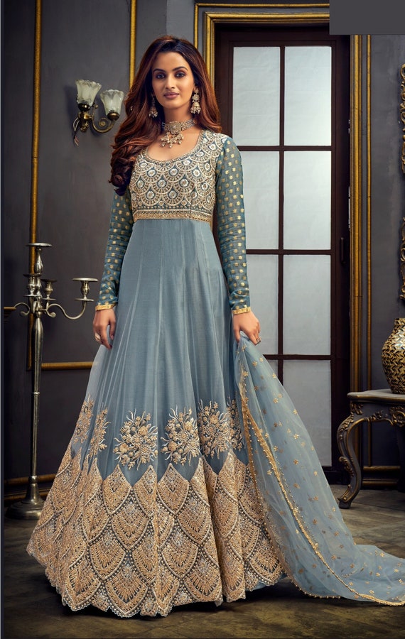 Grey Floral Touch Gown Style Salwar 