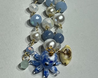 Charm pour téléphone Octopus avec breloque en verre et perles de cristal