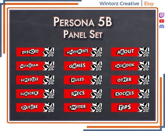 May include: A set of 12 red and black Persona 5 themed Twitch panels with white text. The panels include titles such as "Discord", "Schedule", "Subscribe", "YouTube", "Achievements", "Games", "Rules", "Specs", "Twitter", "About", "Facebook", "Other", "Socials", and "Tips".