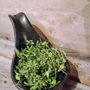 May include: A black ceramic bowl filled with fresh green herbs and leaves.