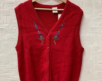 Vintage Tabi Embroidered Knit Vest | Vintage Vest | Floral Embroidery Red Button Up Knit Vest | Tabi International | Size M | NPC-1249