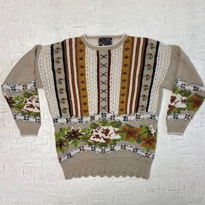 Vintage Multi-Coloured Knit Sweater with Flower Design | Vintage Sweater | Voice of Europe | Crochet Hem | Women&#39;s Size M | SKU: M-3261
