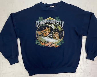 Vintage Deep North Wildlife Collection Wolf Graphic Sweatshirt | Vintage Sweatshirt | Wolf Sweatshirt | Navy Blue Sweatshirt | SKU: M-1343S