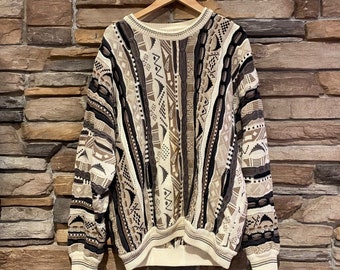 Vintage Cotton Traders Coogi Style Sweater | Vintage Sweater | Neutral Earthy Colours Coogi Style Knit Sweater | Mens Size XL | NPQ-2085