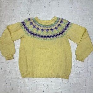 Vintage Hand Made Yellow Knit Sweater with Floral Pattern | Vintage Sweater | Vintage Knit | Specially Hand Made by Mother | SKU M-3430 |