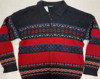 Vintage Part Two Mens Wear Textured Patterned Knit Sweater | Vintage Sweater | Collared Sweater | Mens Sweater | Aztec Print | SKU: M-1786