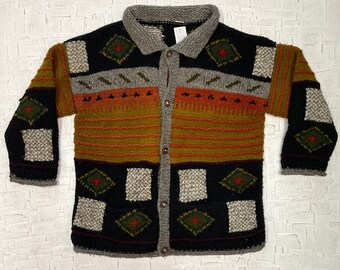 Vintage Oversized Patterned Button Up Cardigan with Collar | Vintage Cardigan | Knit Cardigan | Colourful Cardigan | Knit | SKU ST-2292S