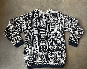 Vintage Tosani Black and White Geometric Print 3D Knit Sweater