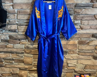 Vintage Blue Satin Dragon Embroidered Full Length Robe | Blue Satin Robe | Dragon Robe | Chinese Dragon Robe | Men's Size XL | SKU: QA-105