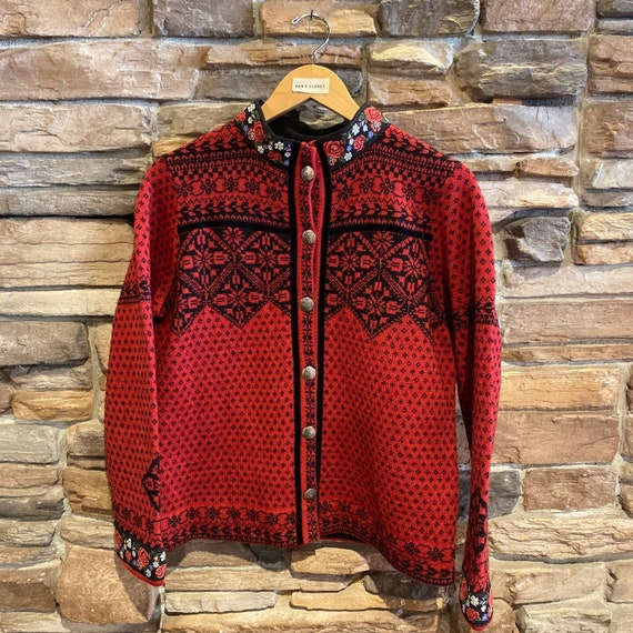 Vintage Icelandic Design Red and Black Knit Cardi… - image 1
