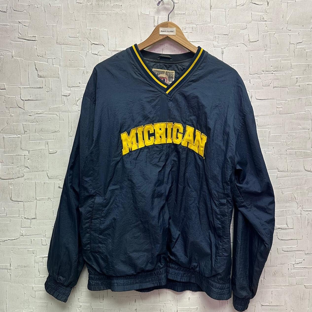 【2plan】Michigan V Nylon Sweatshirt Michigan Wolverines Crewneck Sweatshirt Men's 2XL Navy Blue