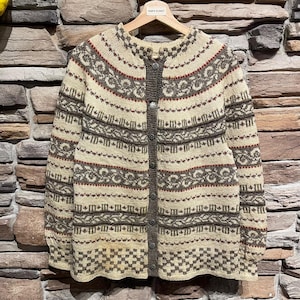 Vintage Grey and Ivory Hand Knit Nordic Wool Patterned Cardigan | Vintage Cardigan | Vintage Knit Cardigan | Funky Cardigan | SKU NPC-1703S