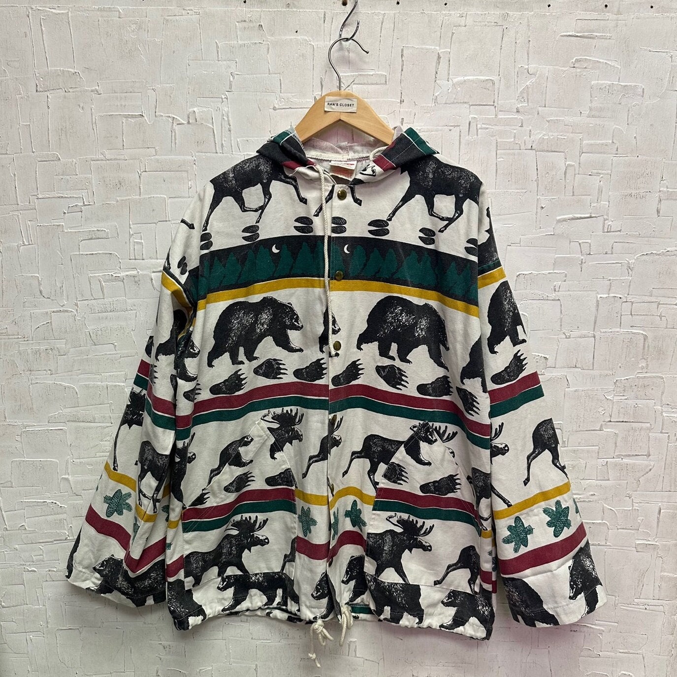 Vintage Deer Fleece Jacket Sherpa Warm Mens Overprint Nature