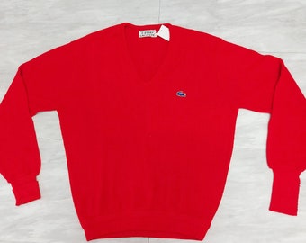 Men's Vintage Lacoste Long sleeve Sweater | Made in USA | Red | Large Vintage Lacoste Izod v neck pullover men’s sweater