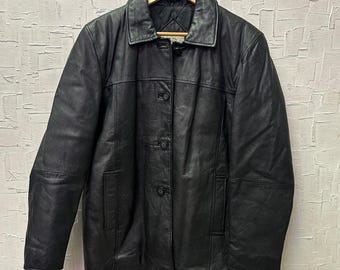 Vintage Button Up Black Leather Jacket | Vintage Leather Jacket | Classic Leather Jacket | Quilted Lining | Size 14 | SKU NPC-1742S