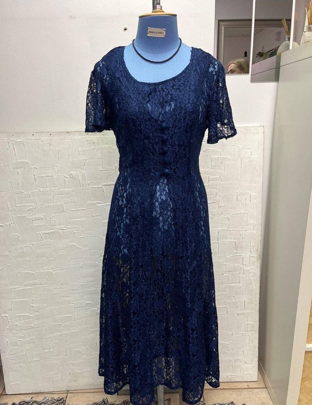 Vintage Blue Lace Short Sleeve Dress with Side Slit | Vintage Dress | Jamie Brooke | Corset Back | Lace Maxi Dress | Size 9/10 | STC-3002S