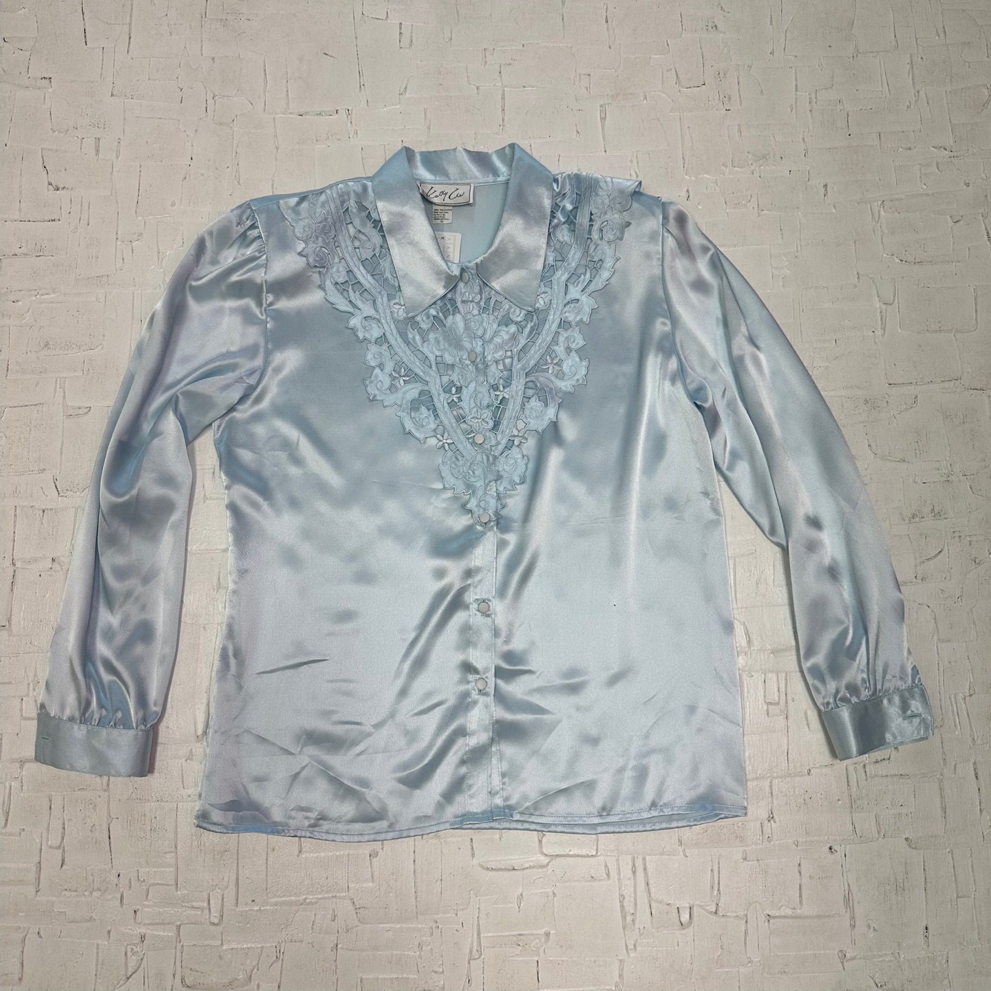 Vintage Kathy Che Made in USA Light Blue Satin Blouse with Lace Detailing | Vintage Blouse | Vintage Kathy Che | Size 10 | SKU M-3123 |