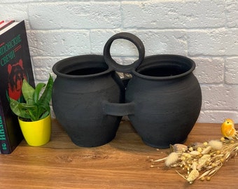 Black clay pot, double black pot, Wabi sabi ceramics vase, black pottery, handmade 30