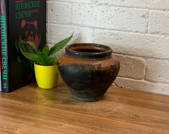 Ancient clay pot, Antique clay vessel, Rustic ceramic bowl, Pottery jug, Primitive rustic earthenware, Black Wabi Sabi Pot, ceramic vase #56