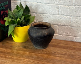 Ancient clay pot, Antique clay vessel, Rustic ceramic bowl, Pottery jug, Primitive rustic earthenware, Black Wabi Sabi Pot, ceramic vase#175