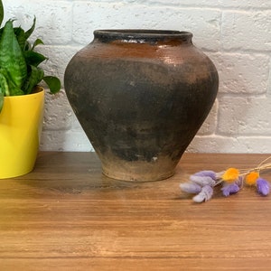 Ancient clay pot, Antique clay vessel, Rustic ceramic bowl, Pottery jug, Primitive rustic earthenware, Black Wabi Sabi Pot, ceramic vase#135
