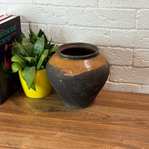Ancient clay pot, Antique clay vessel, Rustic ceramic bowl, Pottery jug, Primitive rustic earthenware, Black Wabi Sabi Pot, ceramic vase#188