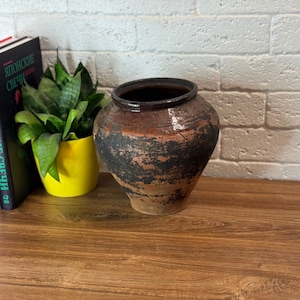 Ancient clay pot, Antique clay vessel, Rustic ceramic bowl, Pottery jug, Primitive rustic earthenware, Black Wabi Sabi Pot, ceramic vase#169