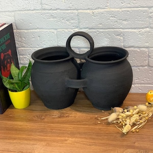 Black clay pot, double black pot, Wabi sabi ceramics vase, black pottery, handmade 30