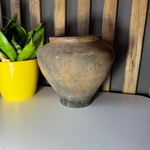 Ancient clay pot, Antique clay vessel, Rustic ceramic bowl, Pottery jug, Primitive rustic earthenware, Black Wabi Sabi Pot, ceramic vase#435