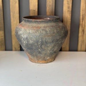 Ancient clay pot, Antique clay vessel, Rustic ceramic bowl, Pottery jug, Primitive rustic earthenware, Black Wabi Sabi Pot, ceramic vase#448