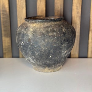 Ancient clay pot, Antique clay vessel, Rustic ceramic bowl, Pottery jug, Primitive rustic earthenware, Black Wabi Sabi Pot, ceramic vase#443