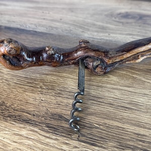 Könnte beinhalten: Ein rustikaler Korkenzieher mit einem natürlichen Holzgriff. Der Griff hat eine dunkelbraune Farbe mit einer strukturierten Oberfläche und einer einzigartigen, organischen Form. Der Metallkorkenzieher ist dunkelgrau und ist teilweise in das Holz eingesetzt.